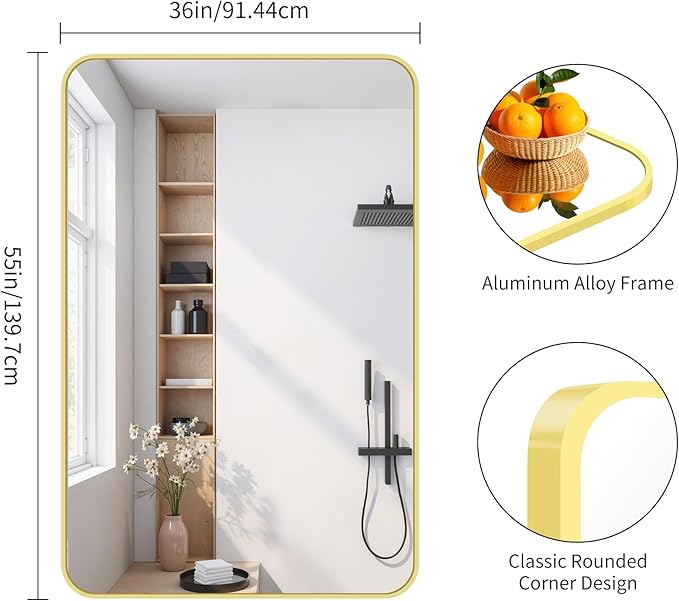 FORBATH 55x36 Inch Gold Bathroom Mirror for Over Sink, Large and Wide Rectangular Wall Mirror with Metal Frame, Rounded Corners for Bathroom, Bedroom, Entryway Decor (Horizontal or Vertical)-StrideForce Fitness