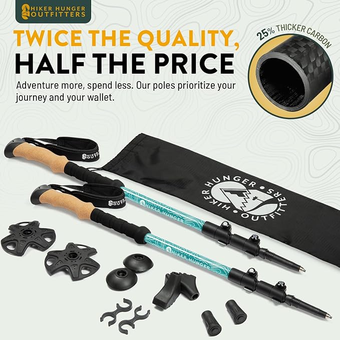 100% Carbon Fiber Trekking Poles by USA Brand - Ultra Strong Lightweight Collapsible Hiking Poles with Cork and EVA Foam Grips & Quick Adjustable Flip Locks-StrideForce Fitness