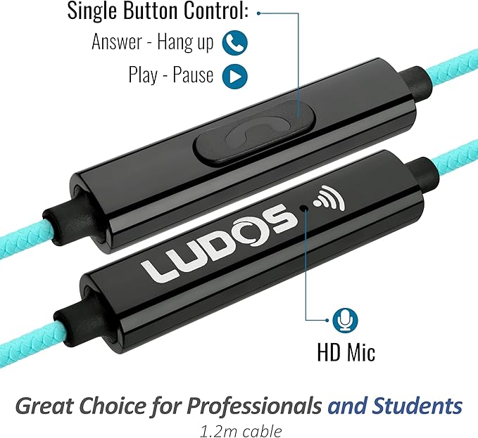 LUDOS Clamor Wired Earbuds in-Ear Headphones, 5 Years Warranty, Earphones with Mic, Noise Isolating Ear Buds, Memory Foam for iPhone, Samsung, School Students, Kids, Women, Small Ears - Turquoise-StrideForce Fitness