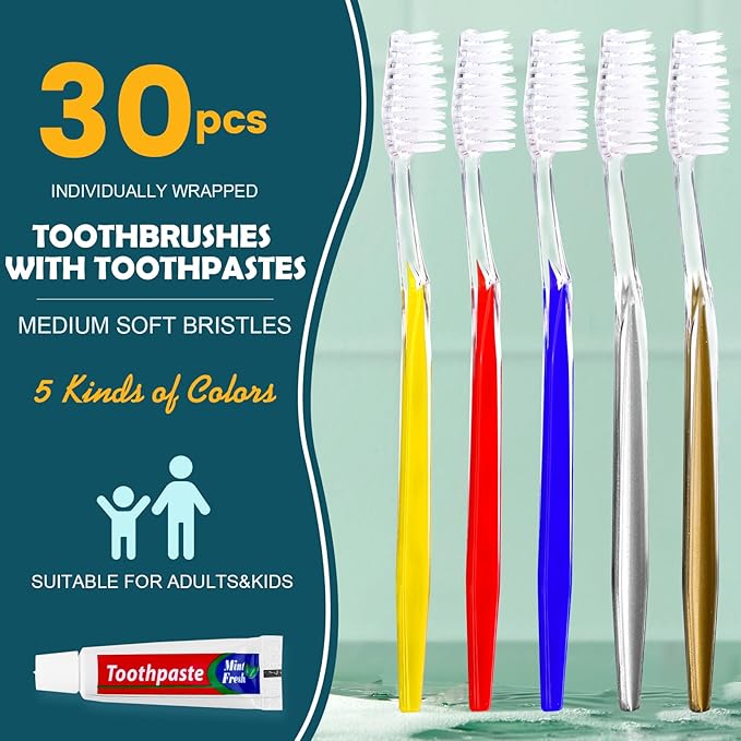 Navona 30 PCS Disposable Toothbrush with Toothpaste Bulk, Travel Toothpaste, Bulk Toothpastes, Individually Wrapped Bulk Toothbrush, Ergonomics Handle,Medium Soft Bristle, Perfect for Travel, Hotel