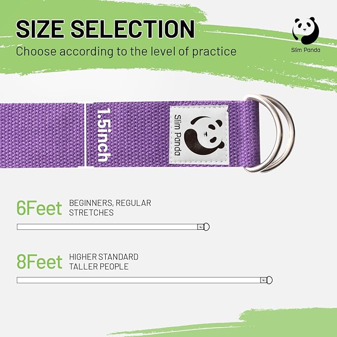 Slim Panda Yoga Strap for Stretching,Cotton Yoga Strap with Adjustable D-Ring Buckle,Non-Elastic Yoga Belt for Pilates,Gym Workouts,Physical Therapy,Improve Flexibility-StrideForce Fitness