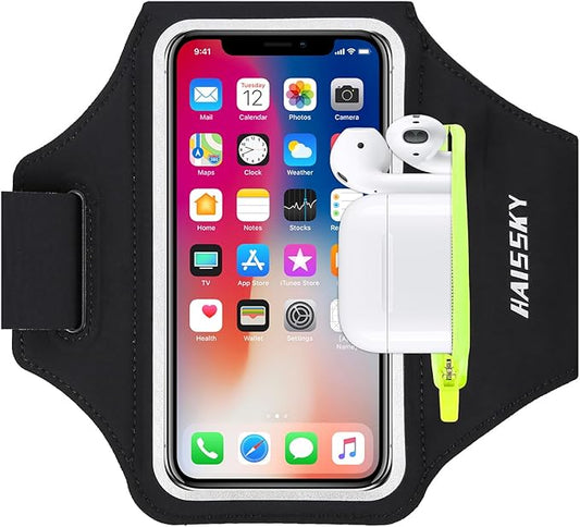 Running Armband with Earphone Bag Cell Phone Armband for iPhone 16 15 Pro 14 Plus 13 11 XR XS, Galaxy S24/S10 Water Resistant Sports Phone Holder Case & Zipper Slot Car Key Holder for 6.7 inch Phone-StrideForce Fitness