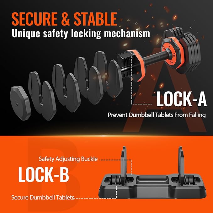 VEICK 25/55 lbs Adjustable Dumbbell with Anti-Slip Turning Handle, Fast Adjust Weight for Men Women, Exercise Equipment with Tray for Home Gym Full Body Workout Fitness-StrideForce Fitness