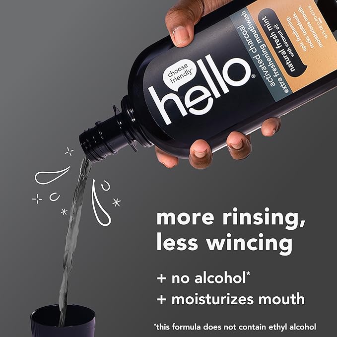 Hello Activated Charcoal Extra Freshening Mouthwash, Natural Fresh Mint and Coconut Oil, Fluoride Free, Alcohol Free, Vegan, SLS Free and Gluten Free, 16 Fl Oz (Pack of 3)