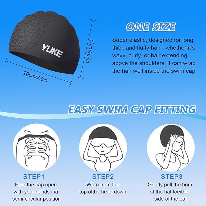 Silicone Swim Cap for Long Hair Adults Women Men, Waterproof Stretchy Swimming Caps, Durable Tear Resistant Bathing Cap-StrideForce Fitness