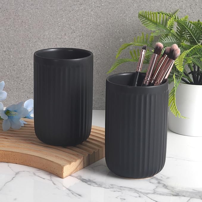 Matte Black Toothbrush Holders for Bathrooms - Black Ceramic Bathroom Tumbler Cups Reusable Toothbrush Cup Black Mouthwash Cup, 2 Cups Toothbrush Toothpaste Holders Set, Bathroom Counter Organizer