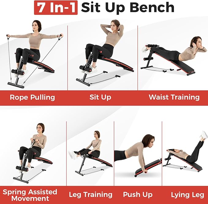 GYMAX Sit Up Bench, 330lbs Folding Decline Workout Bench with Spring Handle, Elastic Ropes & 4 Level Adjustable Height, Incline Weight Bench for Situp, Ab Crunch, Strength Training Exercise for Home Gym-StrideForce Fitness