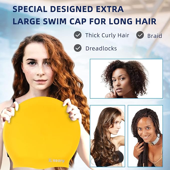 Keary Extra Large Swim Cap for Braids and Dreadlocks Extensions Weaves Long Hair, Waterproof Silicone Cover Ear Bath Pool Shower Swimming Cap for Adult Youth to Keep Hair Dry, Easy to Put On and Off-StrideForce Fitness