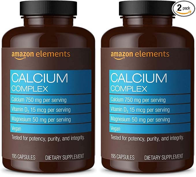 Amazon Elements Calcium Complex with Vitamin D, 250 mg Calcium (3 per Serving), Vegan, 195 Capsules (Packaging May Vary), Supports Strong Bones and Immune Health (Pack of 2)-StrideForce Fitness