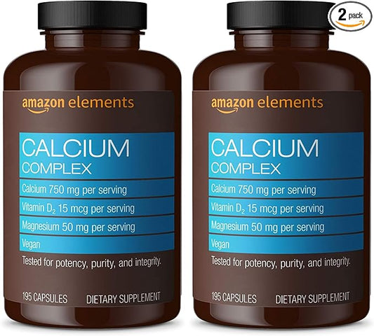 Amazon Elements Calcium Complex with Vitamin D, 250 mg Calcium (3 per Serving), Vegan, 195 Capsules (Packaging May Vary), Supports Strong Bones and Immune Health (Pack of 2)-StrideForce Fitness
