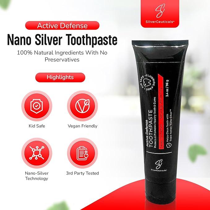 Colloidal Silver Toothpaste w/Coral Calcium & Xylitol - Sassy Cinnamon - Remineralize Enamel - SLS & Fluoride Free Cavity Protection - Gum Health - Bad Breathe - Gingivitis - Mild Flavor - 3.4oz