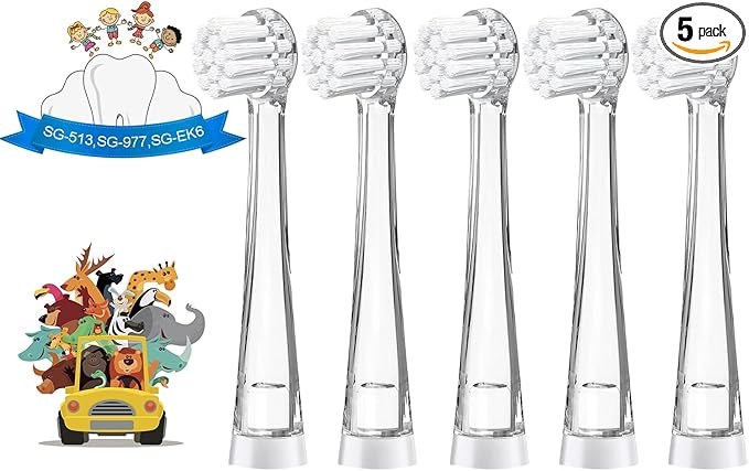 TEETECK 5 Pack Kids Toothbrush Replacement Heads Compatible with SEAGO- 513/977/EK6,Compatible with Brush-Baby WildOnes/KIDZSONIC（Not BabySonic Series）,Compatible with Dada-Tech-BB1/977/K6