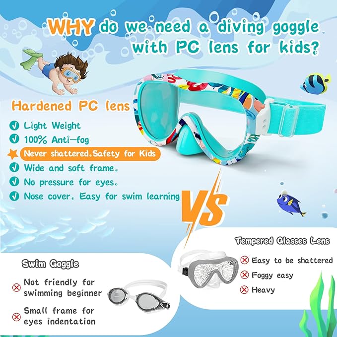 Kids Swim Goggles with Nose Cover, 180° Panoramic Snorkel Mask with Anti-Fog & Anti-Leak Design, Comfort Fabric Strap UV Protection Lens for Boys Girls Ages 3-15-StrideForce Fitness