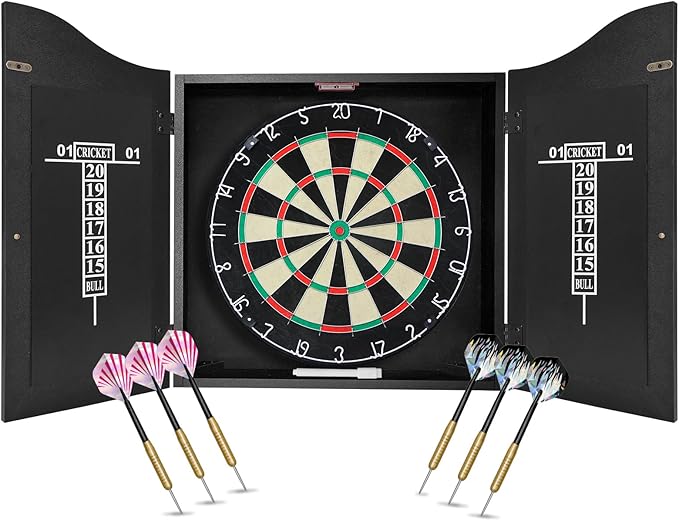Bristle Dart Board Set, Professional Dart Board 18" with 6pcs 18g Darts Outdoor Dartboard Set, Compressed Sisal Metal Wire Board with Rotating Number Ring-StrideForce Fitness