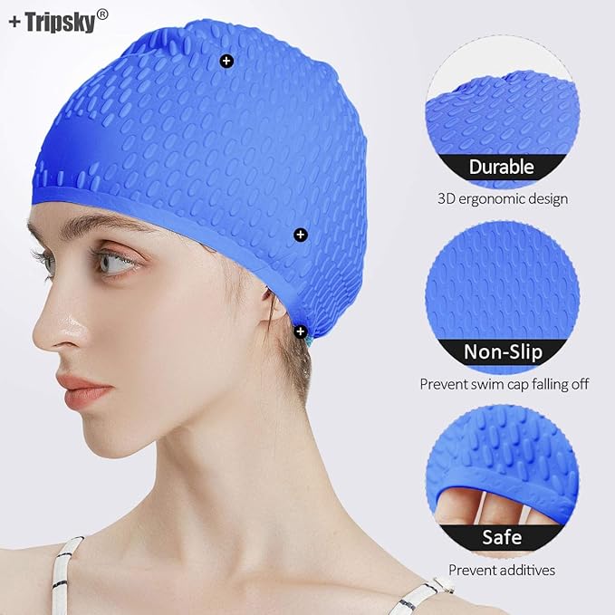 Tripsky Silicone Swim Cap,Comfortable Bathing Cap Ideal for Curly Short Medium Long Hair, Swimming Cap for Women and Men, Shower Caps Keep Hairstyle Unchanged…-StrideForce Fitness