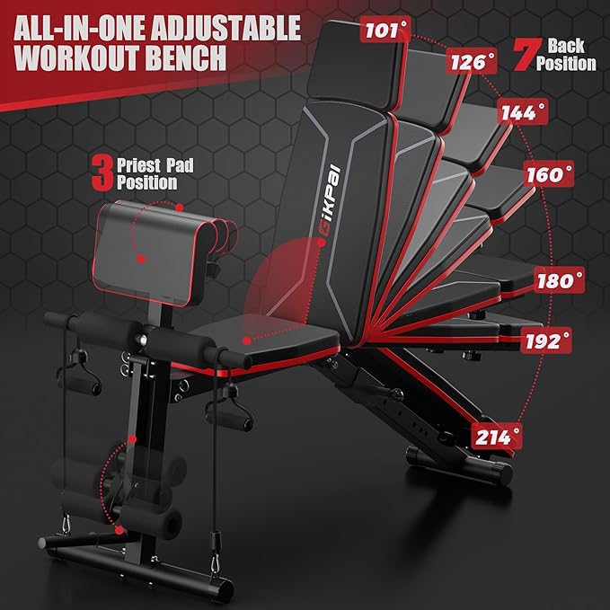 Adjustable Weight Bench, Bench Press for Full Body Workout, Foldable Workout Bench for Home Gym, Strength Training Bench to Incline Decline Flat w/Leg Extension and Headrest-StrideForce Fitness