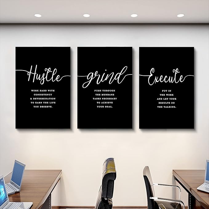 Hustle Quotes Execute Prints, Framed Canvas Wall Art Success Quote, Office Wall Art, Black Large Poster, Positive Motivational Set of 3 Prints, Boss Gift (F-3pcs,20x30inchx3pcs)-StrideForce Fitness