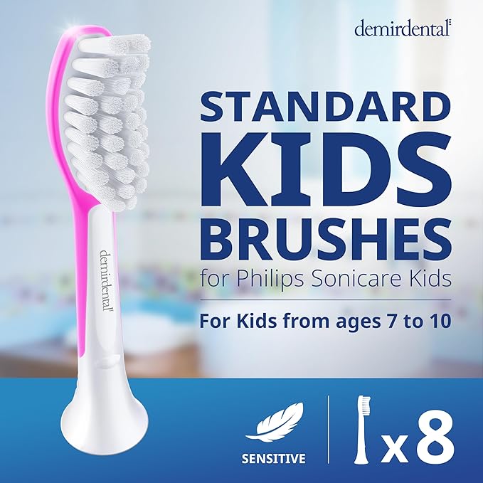 demirdental Kids Toothbrush Heads Compatible with Philips Sonicare Kids Toothbrush Heads - Replacement Heads Sensitive - Brush Heads from Ages 7 to 10 - Magenta - Replaces HX6048-8 Pack
