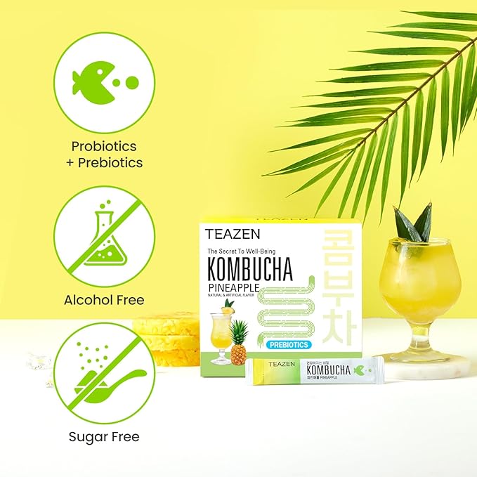 TEAZEN Pineapple Kombucha Tea, Hydration Drink Mix, Sugar Free, Live Probiotics & Prebiotics, 30 Sticks, 5.29oz-StrideForce Fitness