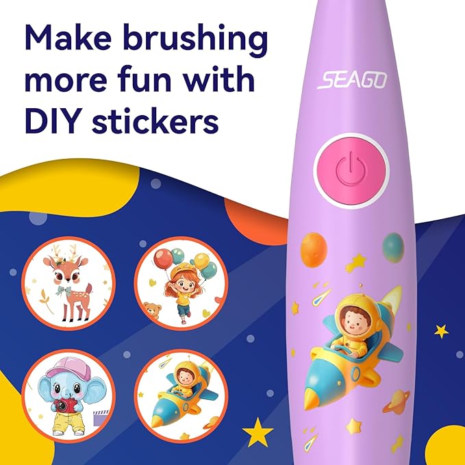 SEAGO Kids Electric Toothbrush Rechargeable with Smart Timer, LED Observing Light & DIY Stickers for Toddlers Ages 2-4, Soft Bristles for Oral Care, USB Charging (Pink)