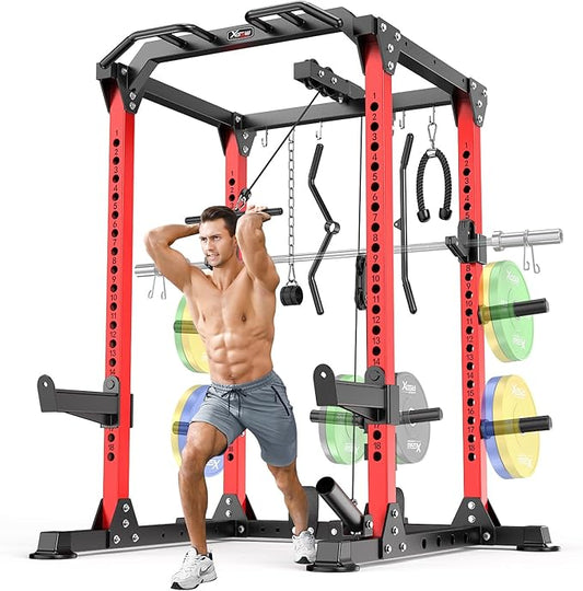 Power Cage Multi-Function Power Rack with Cable Crossover System,1800 LBS Capacity Squat Rack with Weight Bench,for Home Gym-StrideForce Fitness