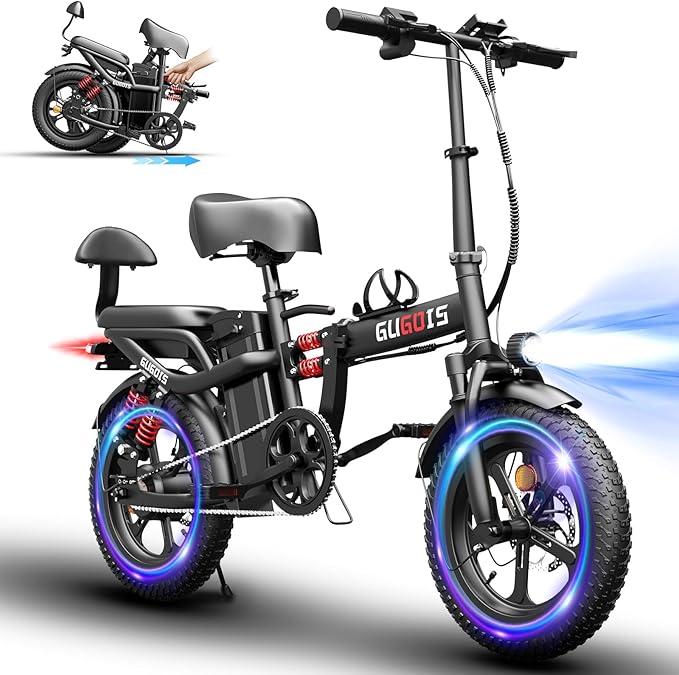 2 Seater Electric Bike for Adults,Mini Bike 500/750 Motor,28MPH,48V/15AH Removable Battery,25-30Miles 16" Fat Tire Commuter Ebike,Full Suspension Foldable Electric Bicycles for Adults Teens-StrideForce Fitness