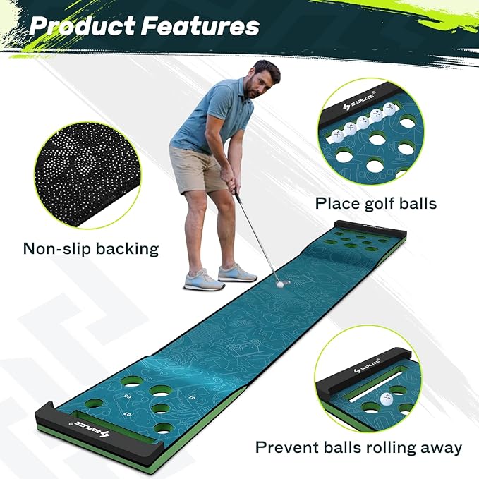 SAPLIZE Golf Putting Mat/Putting Green Mat - Adjustable Slope, Trajectory Tracking & Pong Game Modes | Indoor & Outdoor Use-StrideForce Fitness
