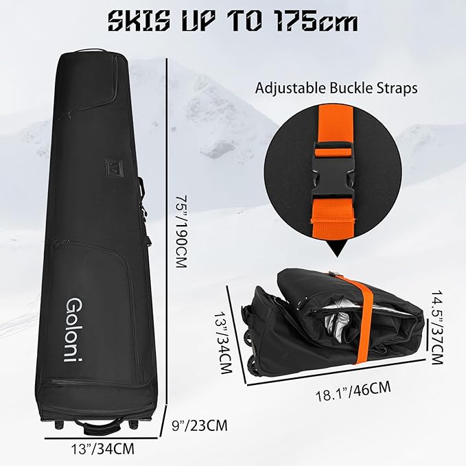 Goloni Ski Bag with Wheels,Padded Snowboard Bag for Air Travel,600D Waterproof Fabric,Foldable Snow Bag Fits 2 Pairs Skis-StrideForce Fitness