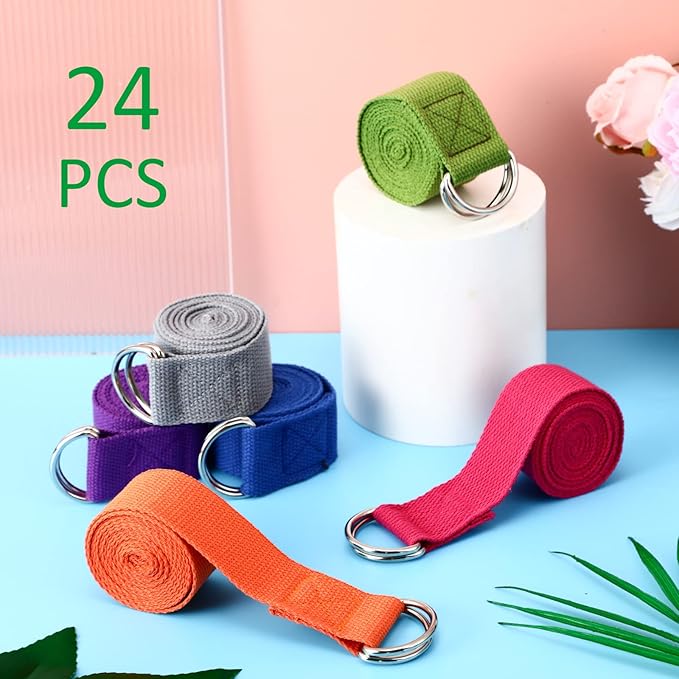 Leyndo 24 Pieces Yoga Strap Stretching Pilates Exercise Adjustable Straps 6 ft Non Elastic Yoga Belt with Adjustable D Ring Buckle for Pilates Gym Workouts Fitness-StrideForce Fitness