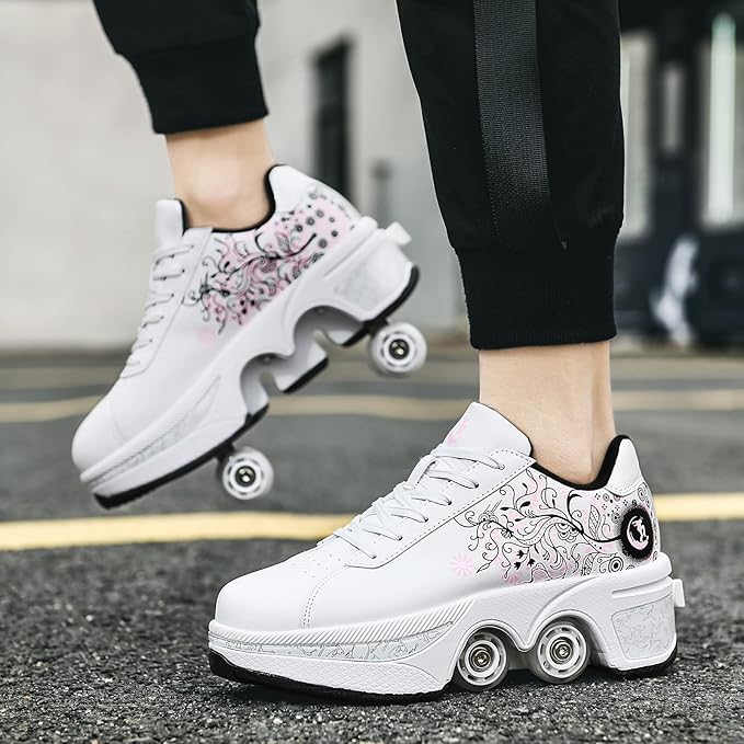 Roller Skate Shoes for Women Four Rounds Children's Roller Skates Shoes That Turn into Rollerskates Sneakers Outdoor Light Shoes with Wheels for Girls/Boys-StrideForce Fitness
