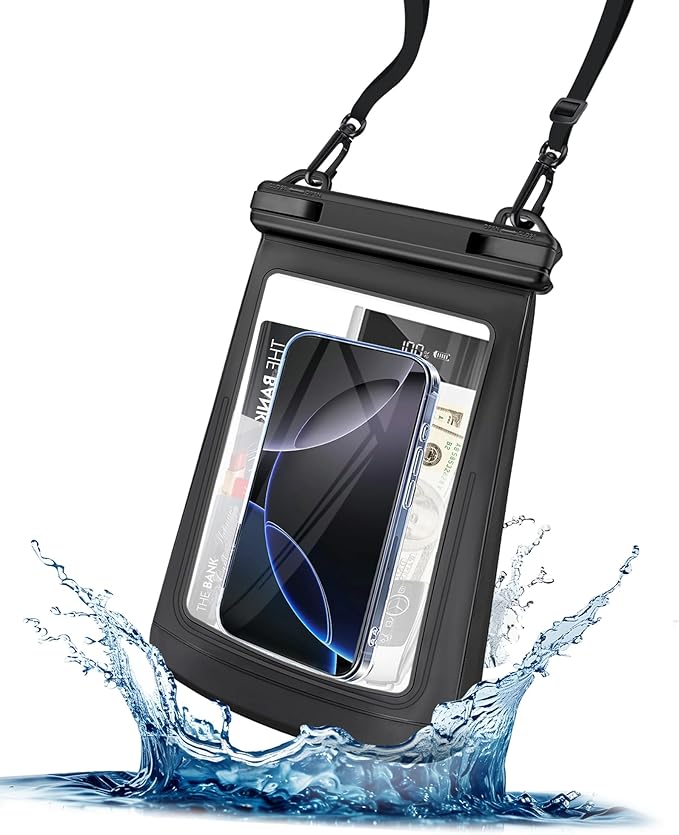 Large Waterproof Phone Pouch - [Oversized] [Floating] Water Proof Pouch for iPhone Galaxy Google and More, IPX8 Waterproof Dry Bag for Beach Vacation Belongings Clear Black-StrideForce Fitness