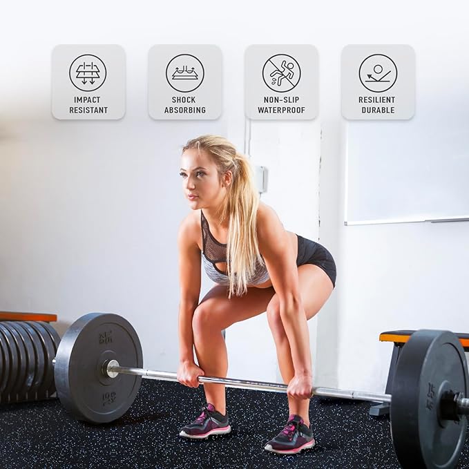 AIRHOP 0.56in Thick 24 Sq Ft Exercise Equipment Mats, 6 Tiles Upgraded Rubber Top with High Density EVA Foam, Large Interlocking Puzzle Gym Flooring for Home Gym, Heavy Weight Workout,Black & Blue-StrideForce Fitness