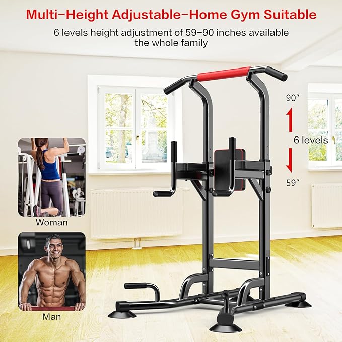 Power Tower Height Adjustable 59”-90” Dip Station Pull Up Bar Multi-Function for Home Gym Fitness Workout Exercise Equipment Strength Training-StrideForce Fitness