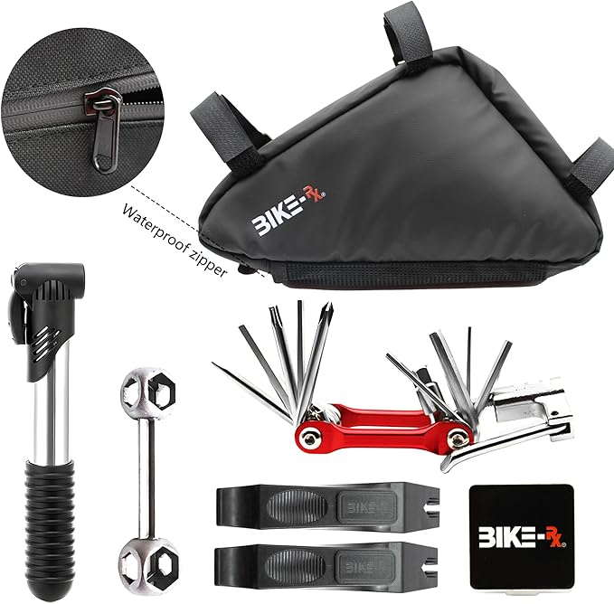 Bike Repair Kit Tool Bag – 16-in-1 Multitool, 120PSI Mini Pump, Tire Levers, Patches, Saddle Bag for Road, Mountain, and E-Bikes, Portable Tool Kit for Emergencies & Repairs-StrideForce Fitness
