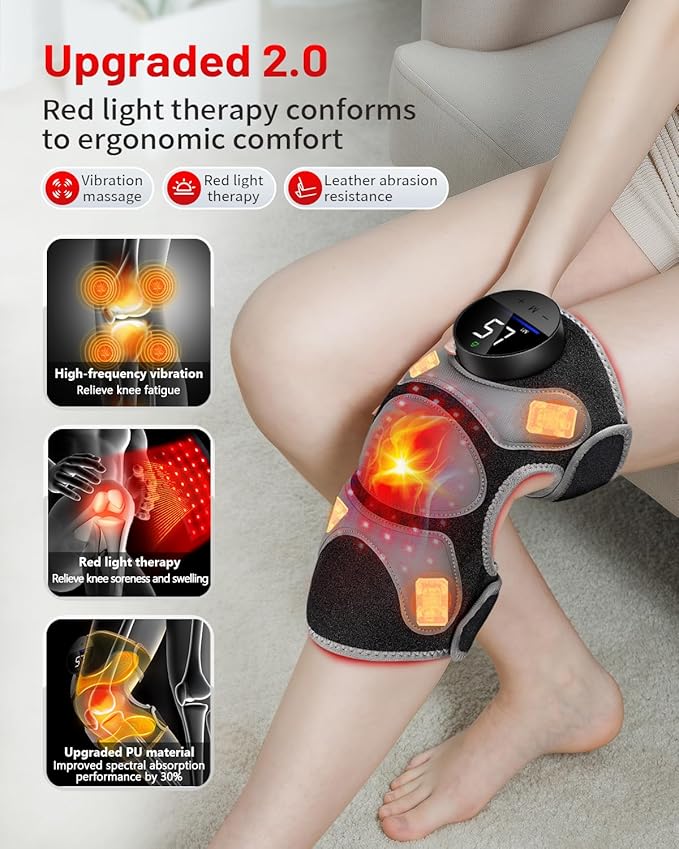 Upgraded PRO Red Light Therapy Knee Brace & 4 Vibration Massage - Wireless Rechargeable Controller, 660nm&850nm Red Light Therapy Heated Device for Knee/Elbow/Shoulder Pain-StrideForce Fitness