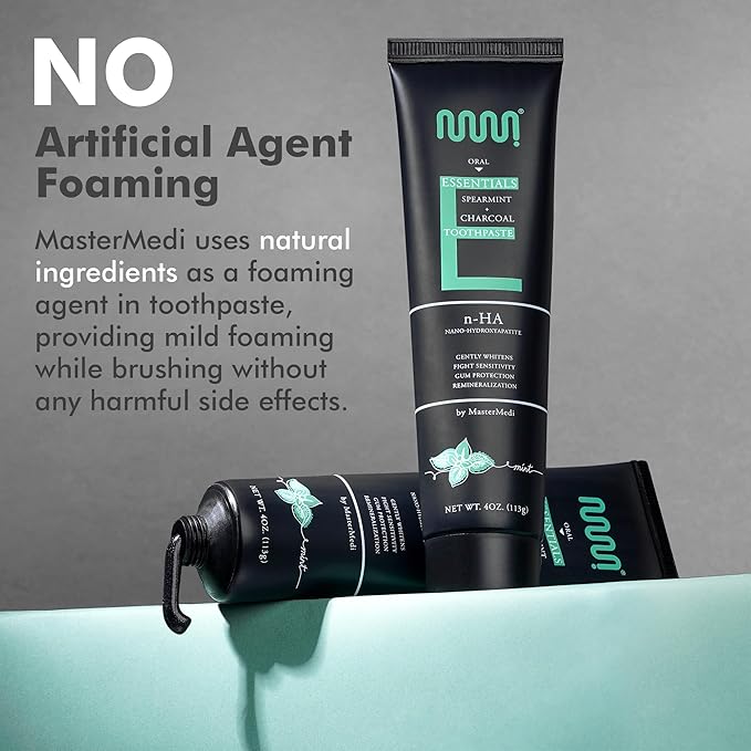 MasterMedi Nano Hydroxyapatite Toothpaste (Inspired by 10% nHA Formulas), Fluoride-Free, Charcoal Whitening, Sensitive Teeth Care, Enamel Support, SLS-Free, Xylitol, Citrus Mint, 4 Oz (Pack of 1)