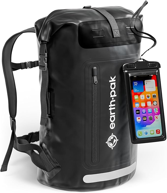 Earth Pak Waterproof Backpack - Heavy Duty Hiking Backpack - Roll-Top Closure Bag - Cushioned Dry Bag Waterproof Phone Case-StrideForce Fitness