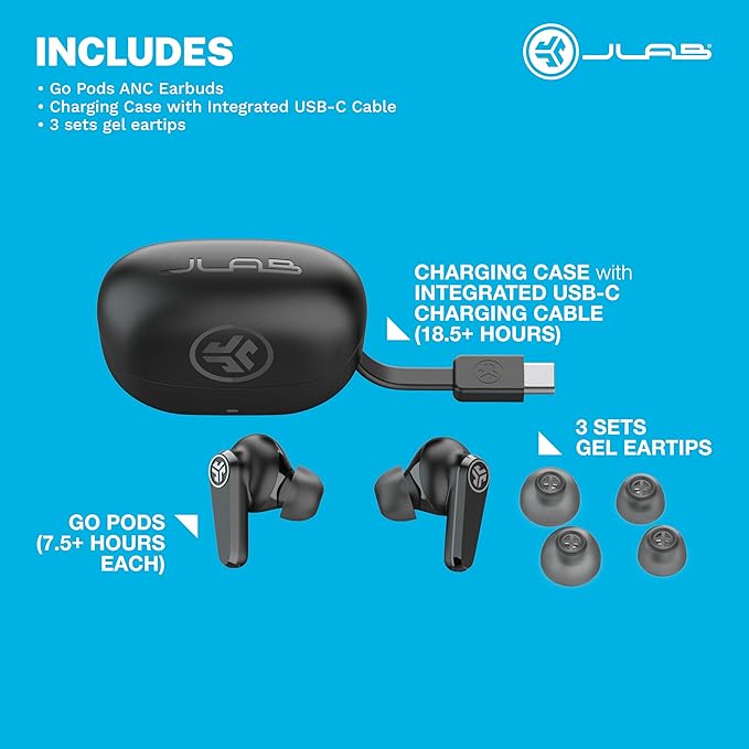 JLab Go Pods ANC True Wireless Bluetooth Earbuds & Charging Case, Hybrid Active Noise canceling + Be Aware for Safe Listening, 26+ Hours Total Playtime, Clear Calls, Custom Sound via App, Black-StrideForce Fitness