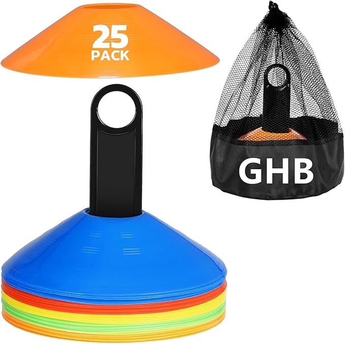 GHB Soccer Cones 25/50/100 Pack Disc Soccer Sport Cones Training Field Marker Agility Cones for Traffic, Basketball, Coaching, Practice Equipment Includes Cone Drills Guide-StrideForce Fitness