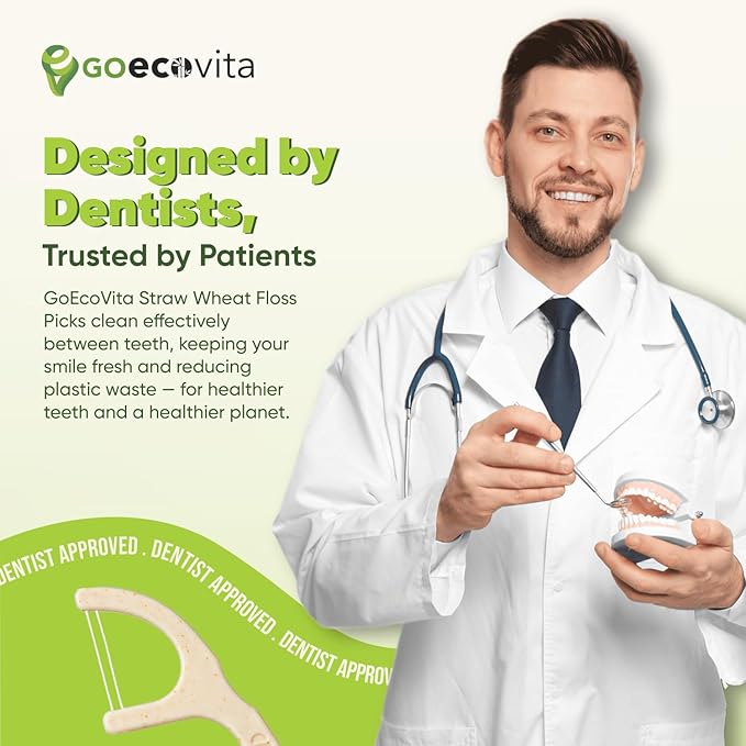 Biodegradable Dual Thread Floss Picks - Natural Straw Wheat Handle | Tight Gap Dental Flossers for Adults | Gentle on Gums & Teeth | Eco Friendly, Vegan, Natural (200 Pack, Mint)