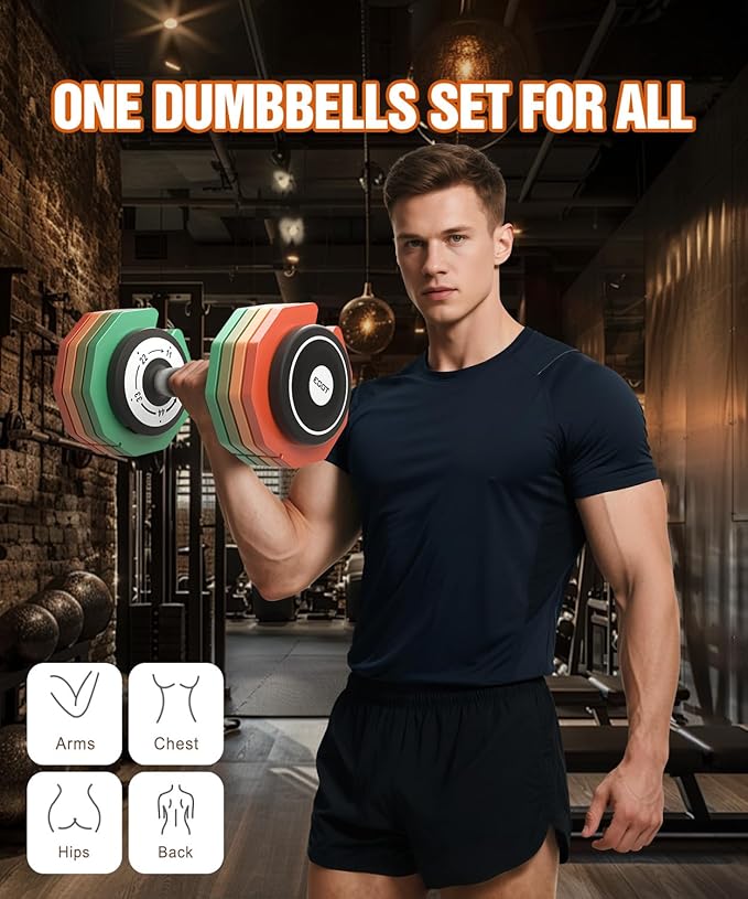 Adjustable Dumbbells Set/Single, 12.5LB/22.5LB/55LB 5 in 1 Free Adjustable Dumbbell Set with Anti-Slip Handle & Rainbow-colored Weight Plates for Home Gym, Weight Set for Women Men-StrideForce Fitness