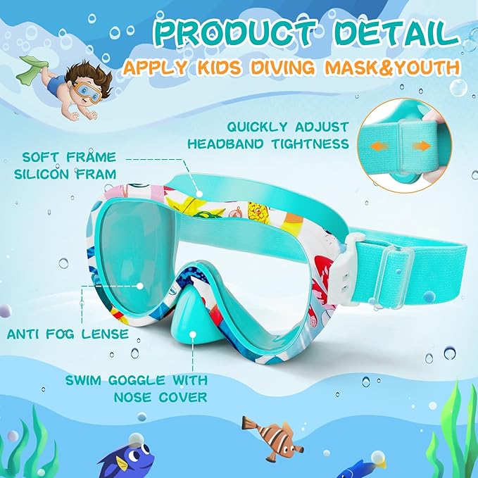 Kids Swim Goggles with Nose Cover, 180° Panoramic Snorkel Mask with Anti-Fog & Anti-Leak Design, Comfort Fabric Strap UV Protection Lens for Boys Girls Ages 3-15-StrideForce Fitness