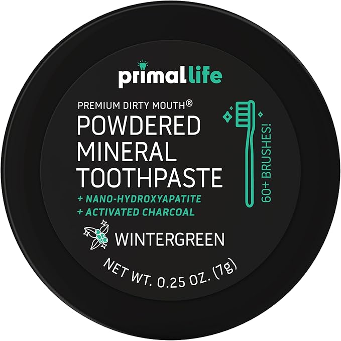 Primal Life Organics - Dirty Mouth Toothpowder, Activated Charcoal Tooth Cleaning Powder, Essential Oils Natural Kaolin Bentonite Clay, 60+ Brushings, Organic Vegan (Charcoal Wintergreen, 0.25 oz)