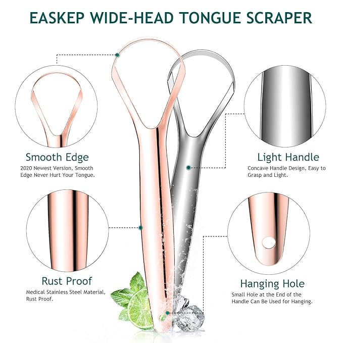 Tongue Scraper (2 Pack), Wide-Head Tongue Cleaner with Nice Carrying Box, Easkep 100% Stainless Steel Tongue Scrapers Cleaners, for Men, Women, Adults, Kids