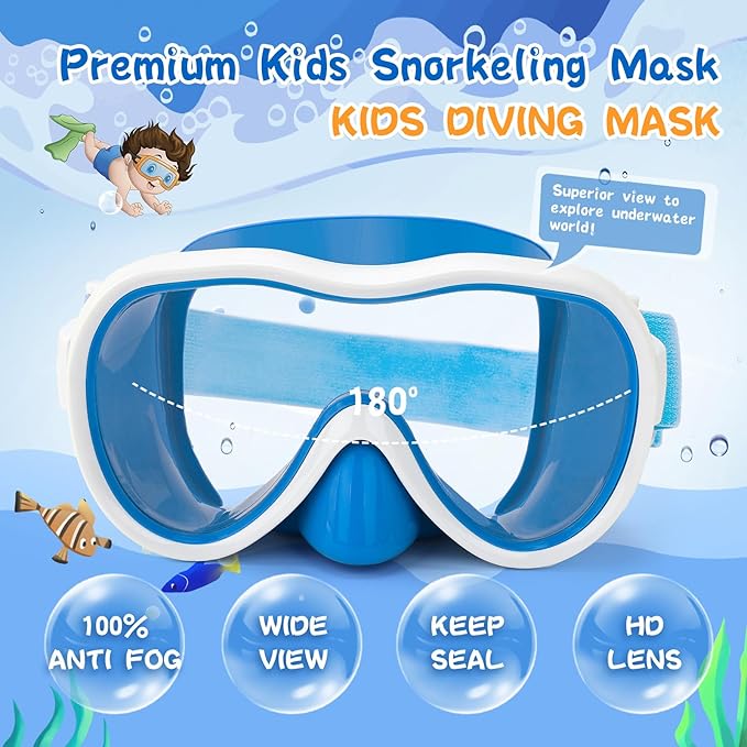 Kids Swim Goggles 180° Snorkel Diving Mask with Nose Cover, Anti-Fog Kids Swimming Goggles with Elastic Fabric Strap for Kids Boys Girls-StrideForce Fitness