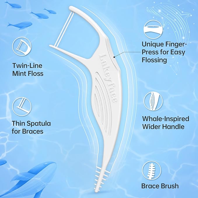 200 Count Twin-Line Braces Flossers, Orthodontic Flossers for Braces, Fits Under Arch Wire No Damage, Whale Wider Handle with Unique Finger Press, Ortho Dental Floss for Kids & Adults, Mint