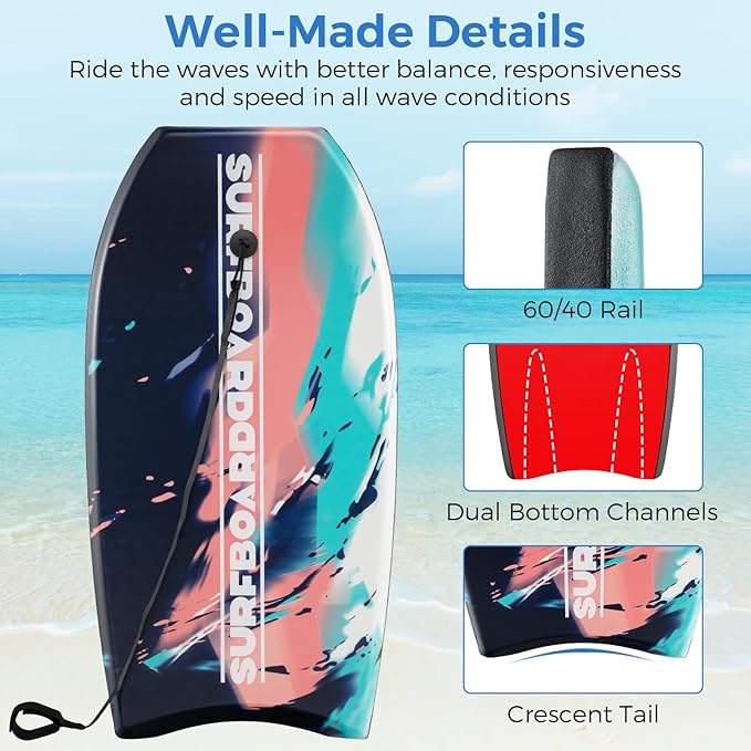 Goplus 41''/37''/33'' Lightweight Body Board for Beach, Surf Board with EPS Core, XPE Deck, HDPE Slick Bottom, Wrist Leash, Bodyboard for Kids Adults Surfing-StrideForce Fitness