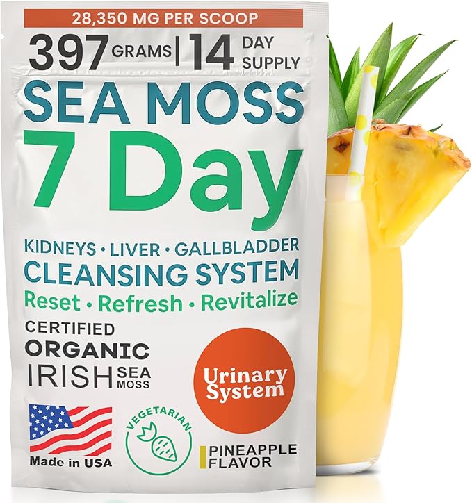 Atlantic Naturals Sea Moss 7 Day Detox Liver, Gallbladder & Kidney Cleanse - Support with Dandelion Root, Milk Thistle, Burdock Root, Red Clover, Chanca Piedra - Pineapple Flavor Drink Mix (14 oz)-StrideForce Fitness
