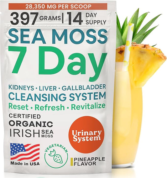 Atlantic Naturals Sea Moss 7 Day Detox Liver, Gallbladder & Kidney Cleanse - Support with Dandelion Root, Milk Thistle, Burdock Root, Red Clover, Chanca Piedra - Pineapple Flavor Drink Mix (14 oz)-StrideForce Fitness